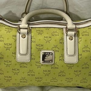 MCM Handbag Boston Speedy Bag Green MCM Leather Visetos Satchel Tote Bags Purses